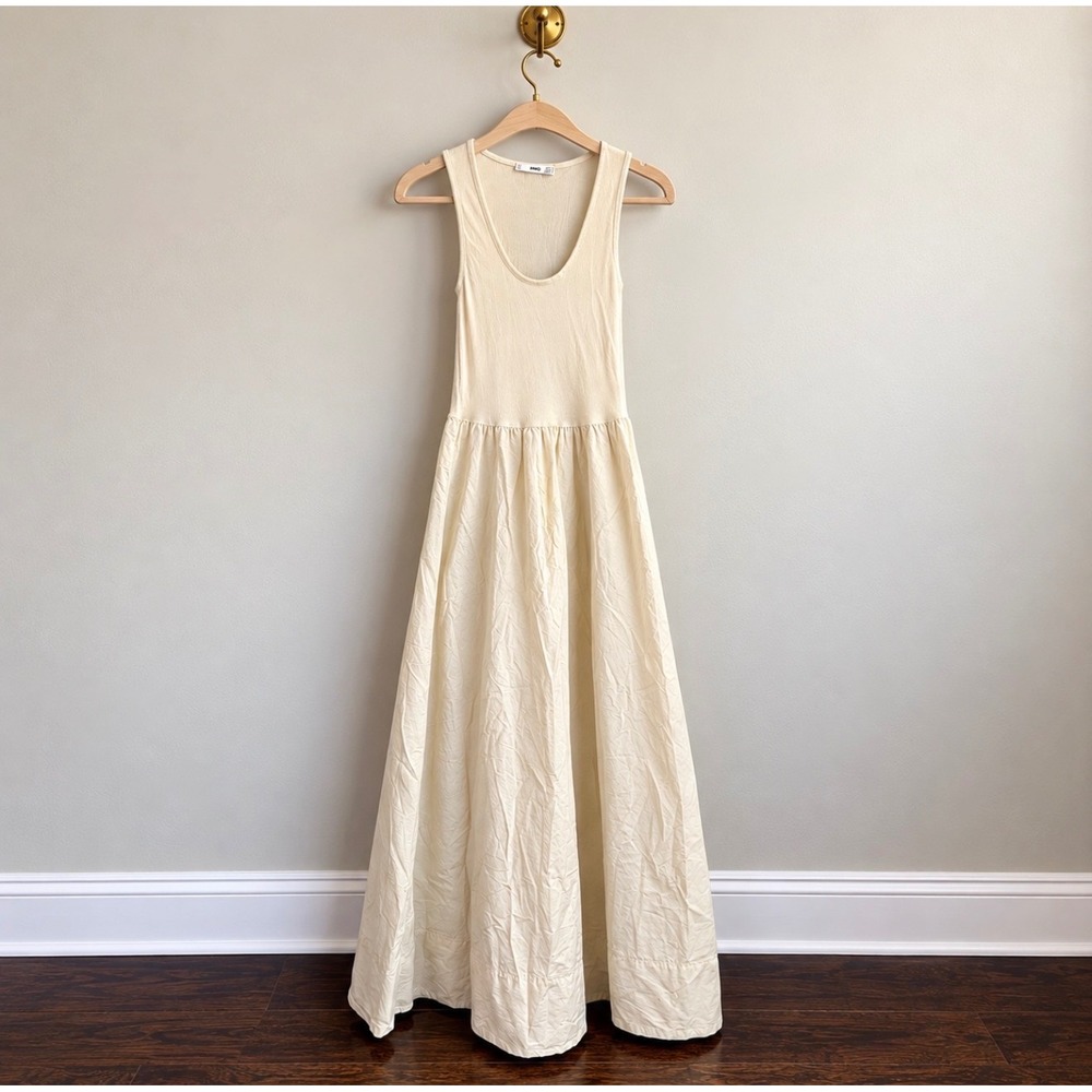 Mango MNG Cream Beige Ribbed Tank Poplin Skirt Maxi Dress XS 2